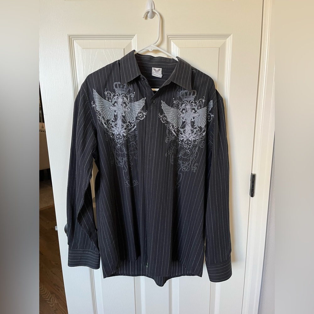 Avirex Black Pinstripe Shirt with Gray Embroidery